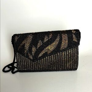 Vintage Seed Bead Black and Gold Beaded Clutch Purse Evening bag